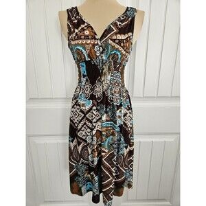 Raya Sun Medallion Boho Surplice Dress Sz M Smocked Elastic Waist